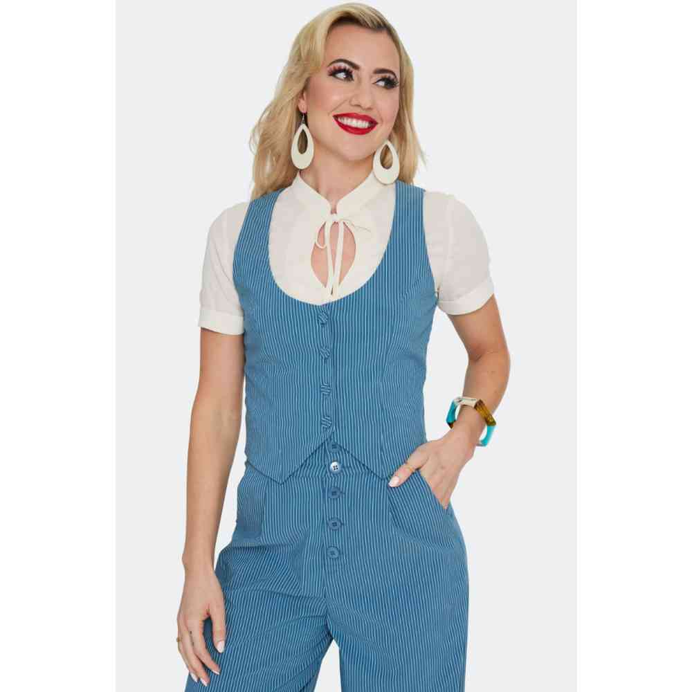 Voodoo Vixen - Pinstripe Collared Vest Waistcoat - Blue